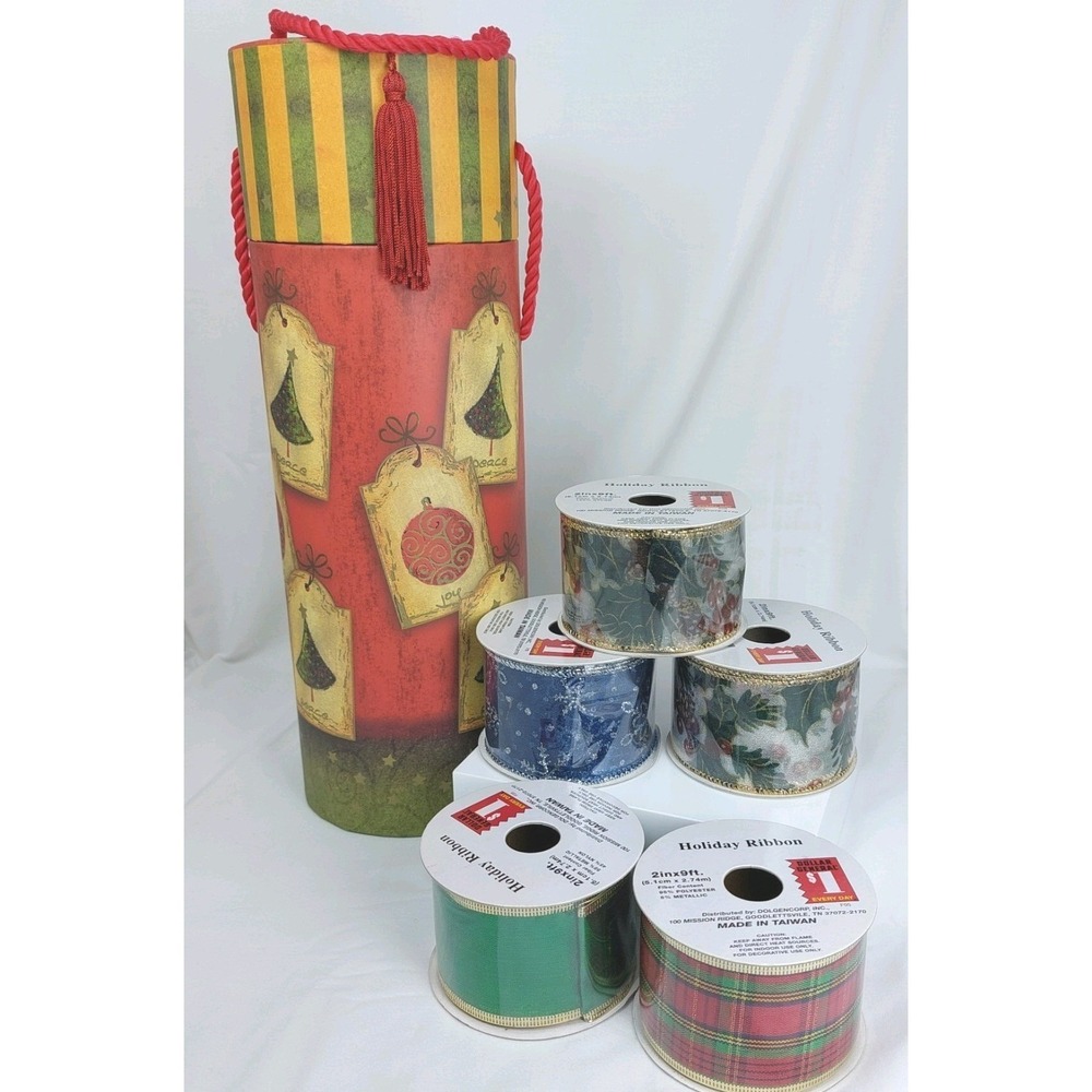 Barrington Studio Christmas Tall Round Gift Box w/ 5 New Rolls Christmas Ribbon